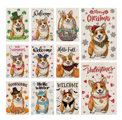Seasonal Garden Flags Sets - Corgi Decortions Dog Flags Double Sided Flags Set of 11 Holiday Farmhouse Indoor Outdoor Yard Lawn Christmas Gifts Decor 12.5x18 Inch