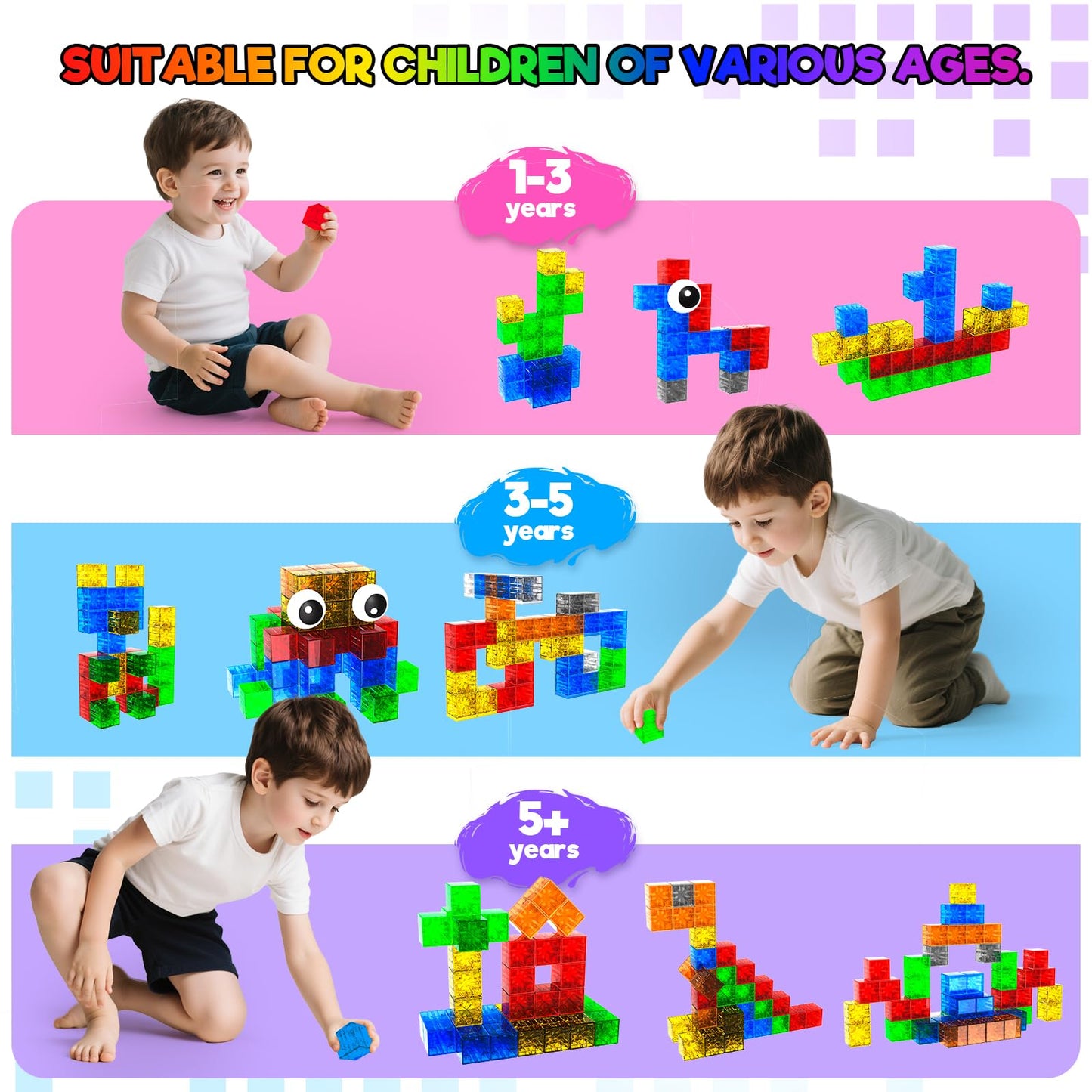 Annexfun 56PCS Magnetic Blocks - Transparent Magnetic Cubes, Toddlers Building Blocks,Montessori Preschool STEM Educational Sensory Toys for Kids Ages 3+ Boys & Girls Birthday Gifts (1IN)