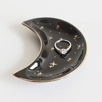 BIHOIB Small Moon Jewelry Dish Tray, Set of 2, Decorative Ceramic Trinket Dish, Modern Accent Tray for Vanity (White and Black)