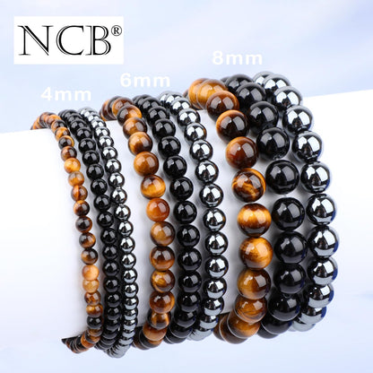NCB 3-Piece 4mm Natural Crystal Gemstone Stretch Bracelets – ﻿Black Onyx, Hematite, Yellow Tiger's Eye Handmade Reiki Energy Healing Jewelry for Meditation,Yoga, Unisex