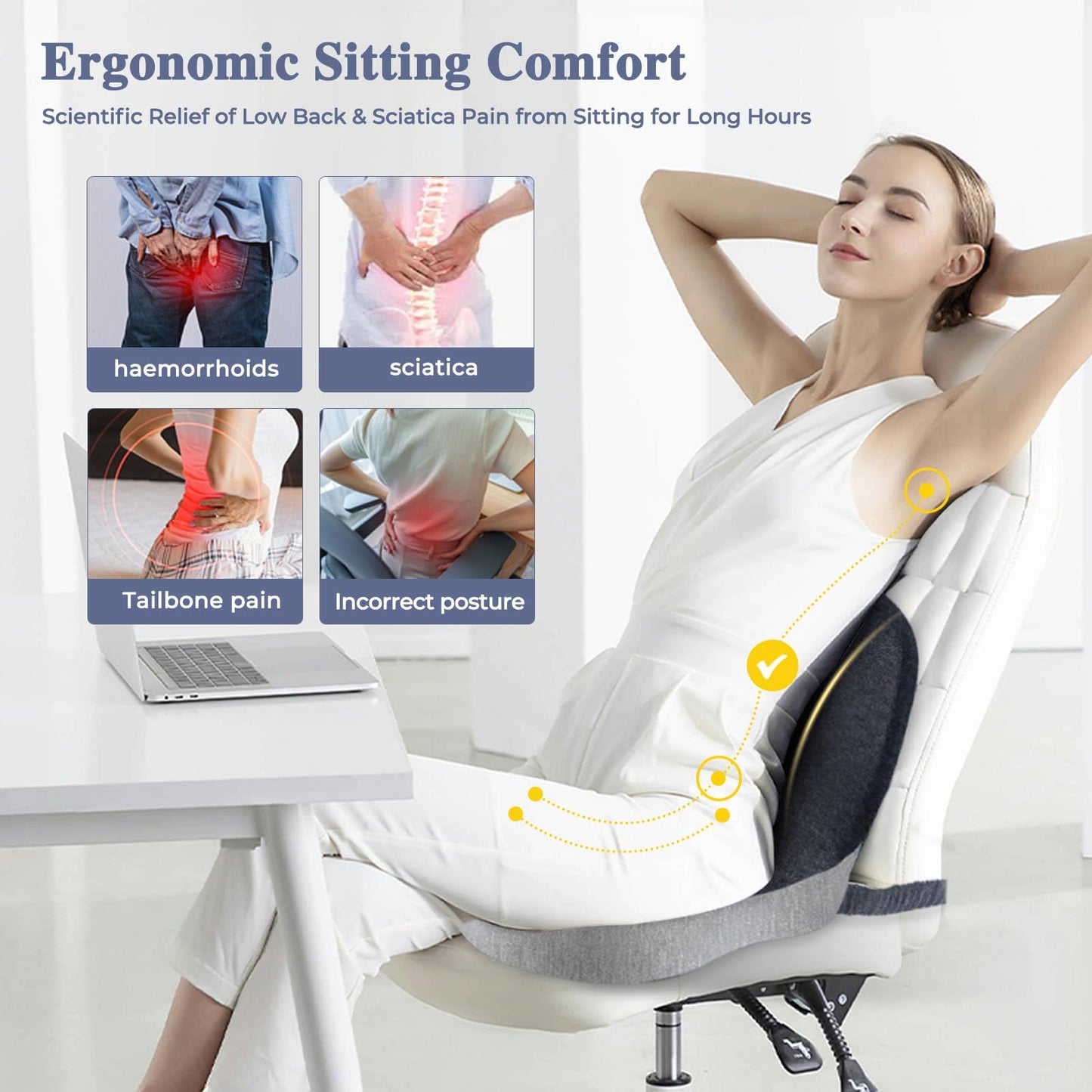 Ergonomic Seat Cushion with Adjustable Strap, Memory Foam Office Chair Seat Cushion with L-Shaped Design, Car Seat Cushion Fits for Truck Driver Semi Truck, Gaming Chair, Desk, Light&Dark Gray