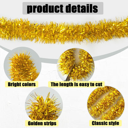 Yocknoce Gold Tinsel Garland, 33 Ft Twist Metallic Hanging Decor for Christmas Tree, New Year Eve Party, Wedding, Anniversary Backdrop, Festive Indoor Outdoor Decorations