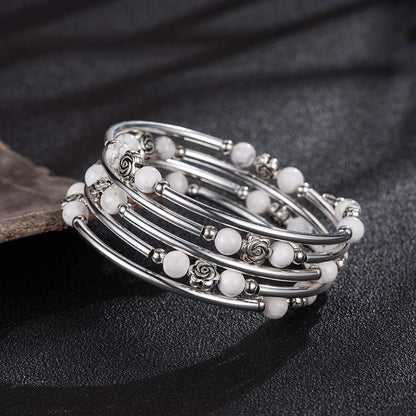 BULINLIN Wrap Bangle Rose Bead Bracelet - Beaded Bracelet with Natural Agate Stone Gifts For Women(01-Howlite)