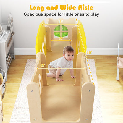 Costzon Wooden Toddler Slide, 7-in-1 Climber Playset with Slide, Basketball Hoop, Extra-Long Aisle, Peek-a-Boo Window, Crawling Tunnel & Storage Space, Indoor Outdoor Playground Slide for Kids