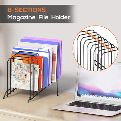 Gawerk Incline Metal Desk Magazine Folder Holder, Sorter Desk File Organizer with 8-Section Vertical Compartments Rack File Organizer for Office, Home, School (2 Pack)