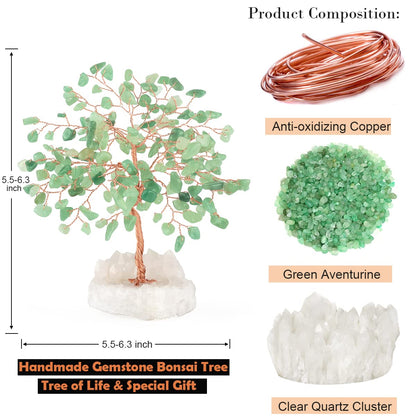 MASGEMES Crystal Tree of Life,Aventurine Jade Clear Quartz Cluster Base,Bonsai Feng Shui Decor Money Tree,Healing Crystals Positive Enegy,Gift Size 5.5"-6.3"