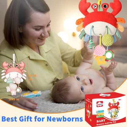 Ivrmtal Car Seat Toys for Babies, Crab Baby Toys 0-6 Months Infant Carseat Hanging Stroller Accessories Sensory Newborn Easter Gift 1 2 3 4 5 6 Month Old Boy Essentials Stuff with Clip, Rattle, Mirror