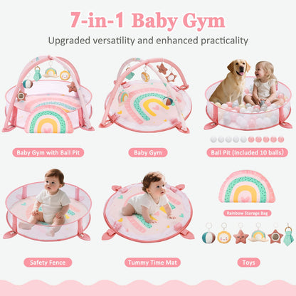 7-in-1 XL Large Baby Play Gym Mat, Tummy Time Mat, Baby Gym & Ball Pit, Baby Activity Mat with Milestone Cards & 6 Detachable Toys for Sensory Motor Skill, Rainbow