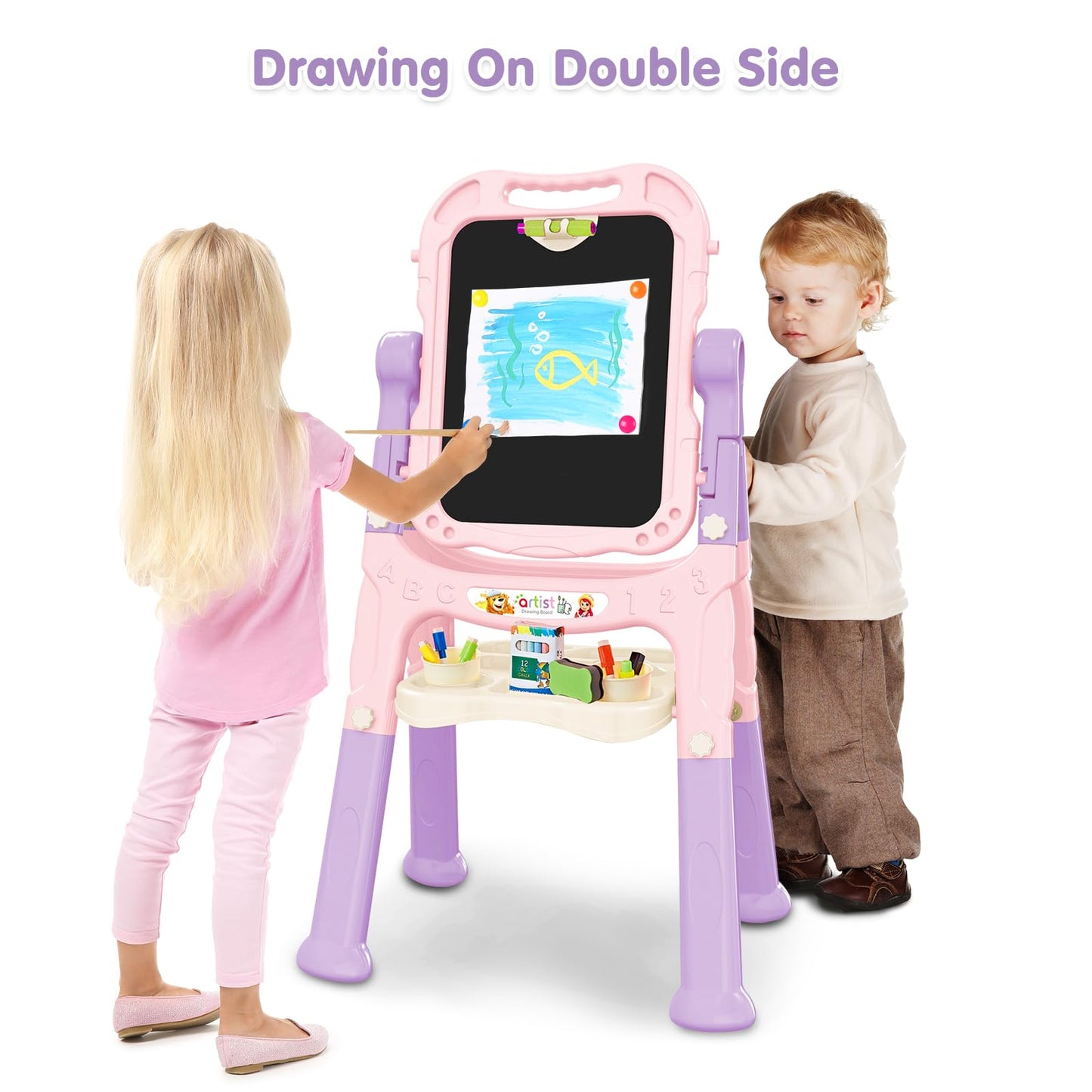 Kids Art Easel, Adjustable Drawing Whiteboard & Chalk Board, Double Sided Toddler Easel with Painting Accessories, Birthday Gift Toy for Little Girls Boy Age 2 3 4 5 (Pink)