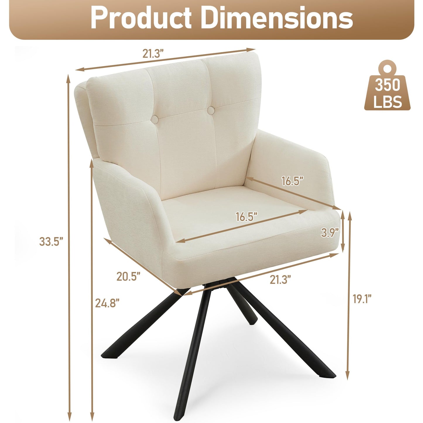 WUTUTUEE Fabric Dining Chair Modern Upholstered Swivel Dining Room Chairs Comfy Accent Armchair with Mid Back, Desk Arm Chair No Wheels for Kitchen/Living Room/Home Office, White