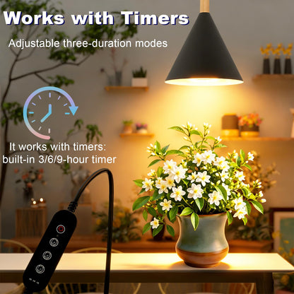 Hanging Grow Lights for Indoor Plants, 20W Full Spectrum Plant Lamp with Timer, Adjustable Height, Wall-Mounted 3000K Growlight with 14.5 ft Power Cord, for Greenhouse, Garden, Large Plants (Black)