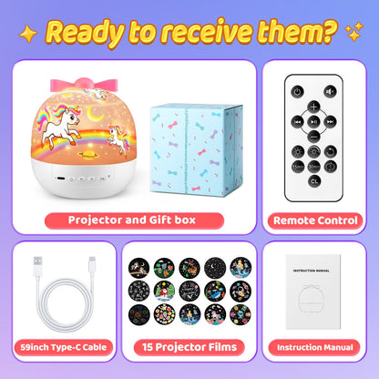 Pikoy Unicorn Toys for Girls Gifts, 15 Films+15 Lullaby Sound Machine for Kids Night Light Projector, Remote+Rechargeable Night Light for Kids Gifts, 360 °Rotation Princess Mermaid Toddler Girl Toys