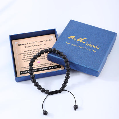 AD Beads 8mm Black Lava - Warmth Generator - Handmade Natural Stone Crystal Bracelet with Adjustable Macrame String - Yoga Healing Power Energy Gifts for Men and Women