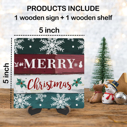 Christmas Wood Plaque With Stand, Merry Christmas Desk Sign Decor for Farmhouse Home Office Table Shelf, Rustic Xmas Wood Sign Gifts for Women Men -07