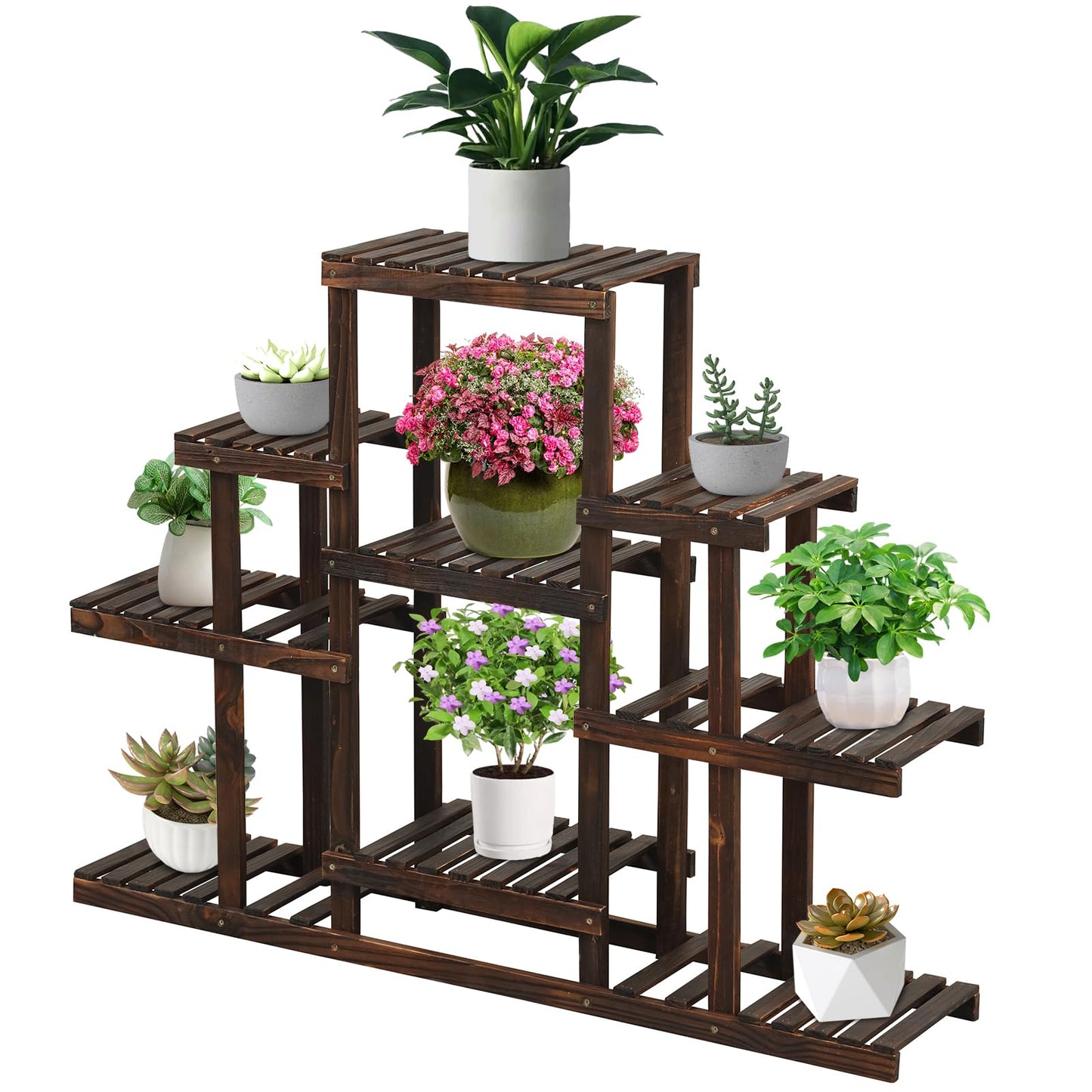 COSTWAY 6-Tier Multifunctional Wood Flower Stand, Shelf Holder for Multiple Plants, Freestanding Plant Rack for Garden, Patio, Balcony, Living Room, Indoor, Outdoor