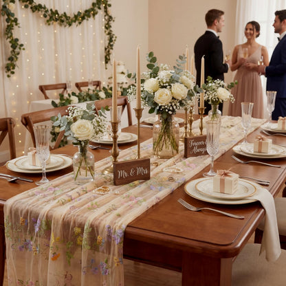 Windkream Champagne Floral Table Runner 10ft Embroidery Tulle Spring Wildflower Table Runner Seasonal Summer Butterfly Kitchen Dining Gauze Decoration for Wedding Baby Shower Birthday Party (1 Pcs)