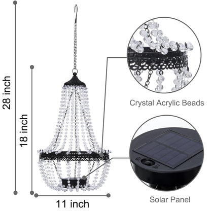 Hanging Solar Chandelier Outdoor Lantern, 30 Cool White Lights Acrylic Clear Beaded Chandelier with S Hooks Modern Lantern for Garden Yard Patio Gazebo Decorations, 28”H
