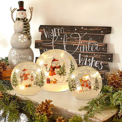 YEAHOME Christmas Decorations Indoor,Set of 3 Snowman Crackle Glass Ball with LED Lights Home Decor, Christmas Table Decorations Lighted Globes with Timer for Mantel Fireplace Tabletop