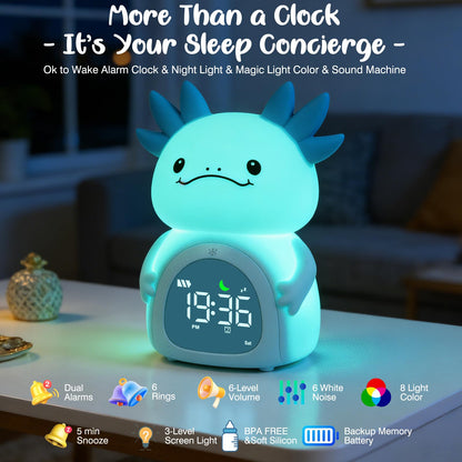 ollycasa Axolotl Alarm Clock for Kids, Rechargeable Ok to Wake Clock with Night Light - BPA-Free Silicone Sleep Training Clock, Cute Toddler Wake Up Clock for Boys Girls Bedroom