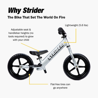 Strider 12” Pro Bike, Silver - No Pedal Balance Bicycle for Kids 1 to 4 Years - Includes Safety Pad, Padded Seat, Mini Grips & Flat-Free Tires - Tool Free