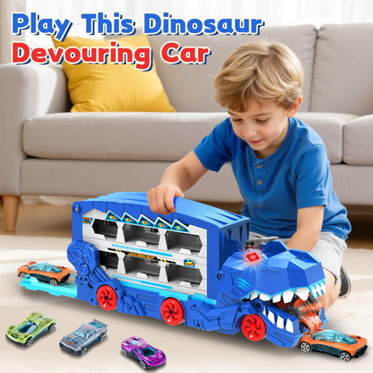 Dinosaur Transport Car Race Track Toy Set for Kids - Monster Carrier Truck Toys for Age 3 4 5 6 7 8 9 10 11 12 Years Old Boy Christmas Birthday Gifts with Die-Cast Metal Toy Cars, Light & Sound
