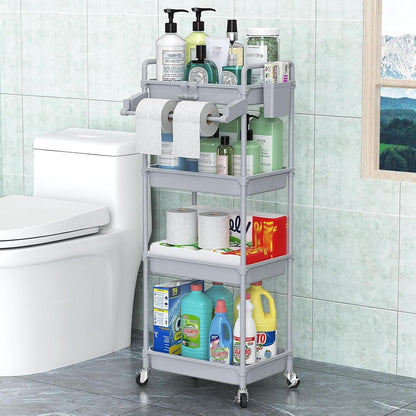 SPACEKEEPER Rolling Storage Cart, 4-Tier Bathroom Organizer Utility Cart Laundry Room Organization Mobile Shelving Unit with Towel Rack, Lockable Wheel, Hooks & Cup for Kitchen Bedroom Office, Grey