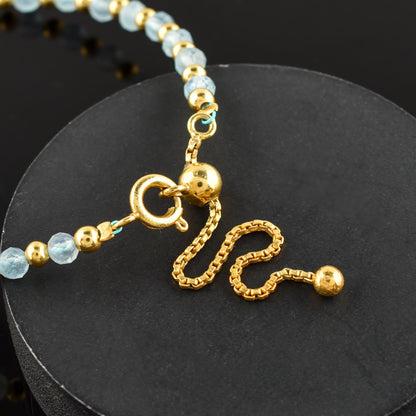InfinityGemsArt Aquamarine Bracelets For Women March Birthstone Blue Beaded Stone Bolo Slider Chakra Healing Crystals Gemstones 14K Gold Plated Adjustable Chain, Dainty Lightweight Jewelry For Her