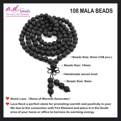 AD Beads 8mm 108 Prayer Mala Black Lava Elastic Bracelet - Warmth Generator - Handmade Yoga Meditation Healing Power Energy Gifts for Unisex Adult.