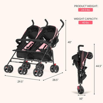 Dream On Me Volgo Twin Baby Stroller, Lightweight Side-by-Side Double Umbrella Stroller with Adjustable Canopy, 5-Point Harness, Storage Basket & Travel-Friendly Fold – Pink