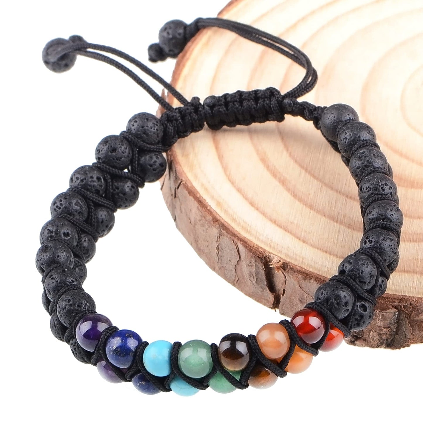 MASSIVE BEADS Natural Chakra Healing Power Crystals Macrame Bracelet Yoga Double Layer Stone Beads Gemstone Meditation Relax Anxiety Bangle for Unisex Women Men (7-Chakras&Lava, 6mm)