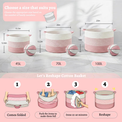 Artfeel 70L Large Cotton Rope Basket, Decorative Woven Blanket Storage for Living Room, Boho Toy Storage & Toy Box for Kids, Versatile Laundry Basket & Nursery Hamper for Blankets(Pink)
