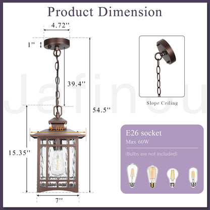 Dusk to Dawn Outdoor Pendant Light, 15 Inch Large Square ORB Oil Rubbed Bronze Exterior Hanging Lantern, Waterproof Anti-Rust Aluminum Outdoor Light with Water Ripple Glass for Porch Patio Entryway