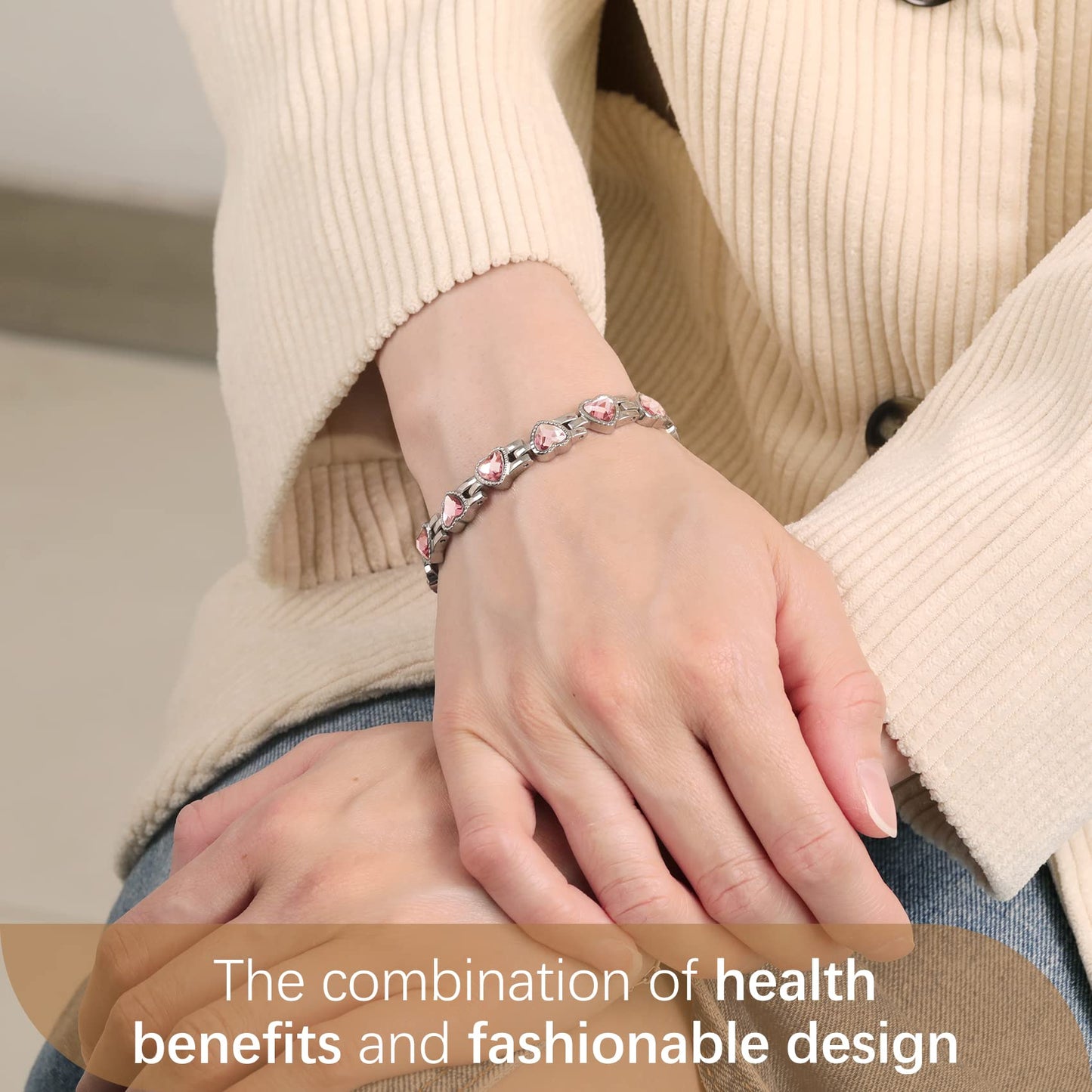 Feraco Magnetic Bracelet for Women Titanium Steel Magnetic Bracelet with Neodymium Magnets & Sparkling Crystals, Christmas Jewelry Gifts (Pink)