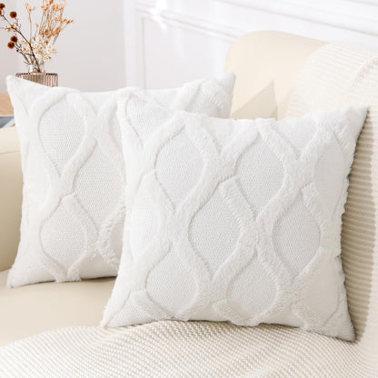decorUhome Summer Throw Pillow Covers 18x18 Inch Set of 2, Soft Plush Faux Fur Wool Cream White Accent Couch Pillow Covers for Modern Farmhouse Bed Sofa Living Room