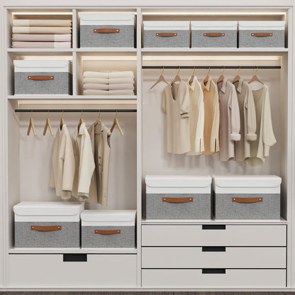 Yawinhe Storage Boxes with Lids, Linen Fabric Bin, Cube Organizer Basket, Washable and Leather Handle, for Home, Closet, White/Grey, 15.0''Lx9.8''Wx9.8''H, 1-Pack, USNK024WGL-1