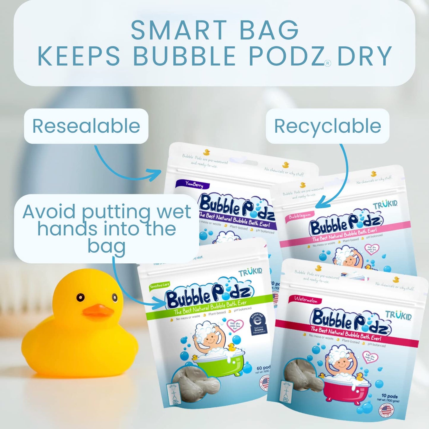 TruKid Bubble Podz Bubble Bath for Kids, Toddlers, & Babies, NEA-Accepted for Eczema, Gentle Refreshing Colloidal Oatmeal Bath Bomb for Sensitive Skin, pH Balanced, Tear Free, Unscented (24 Podz)