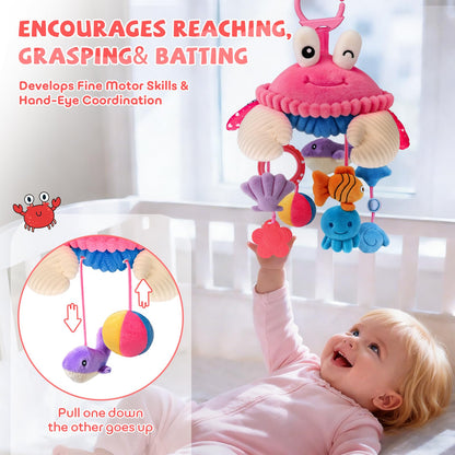 Car Seat Toys for Babies 0-6 Months, Hanging Sensory Crab Plush Toy for Stroller, Crib & Play Gym, Montessori Infant Activity Toy with Mirror, Rattle & Teether, Newborn Baby Gifts 0-12 Months (Pink)