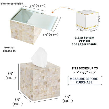 PEMAR Handcrafted Wooden Tissue Box Cover for Small Cube Tissue Boxes Only (Max Inner Size 4.7”) – Mother of Pearl Inlay Decorative Tissue Holder for Bathroom, Living Room & Office (White Sand)