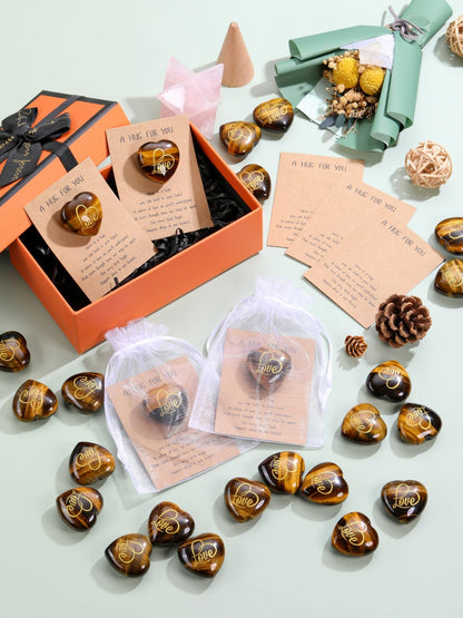 Jovivi Pocket Hug Heart Token,Natural Crystals and Healing Stones with Hug Cards Tiger Eye Love Heart Gemstone Gifts