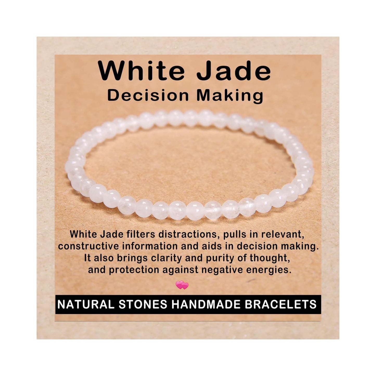 AD Beads Handmade Gemstone Stretch Elastic Bracelet Crystal Healing Reiki Nature's Beauty and Spiritual Essence Unisex (4mm, White Jade (Decision Making))
