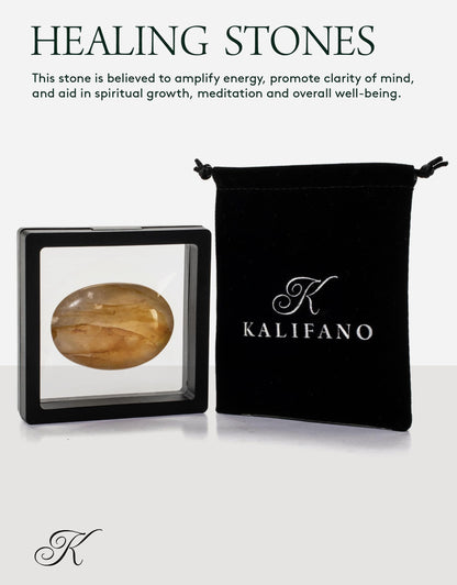 KALIFANO Golden Healer's Quartz Palm Stone with Healing & Calming Effects - AAA Grade High Energy Hematoid Cuarzo Worry Stone with Information Card - Reiki Hematite Crystal Used for Clarity
