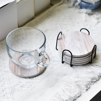 6Pcs Drink Coasters with Holder, Marble Style Ceramic Drink Coaster, Absorbent Coasters Set Suitable for Kinds of Cups, Modern Style Coaster for Coffee Table, 4 Inches