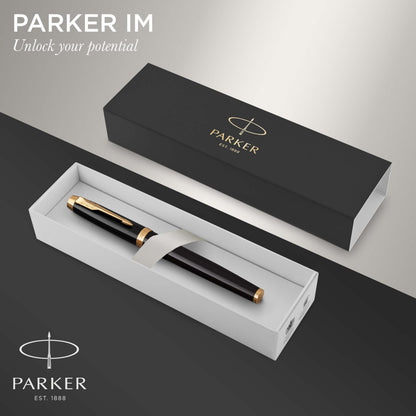 Parker IM Fountain Pen, Black Lacquer with Gold Trim, Fine Nib, Blue Ink Refill, Elegant Gift Box