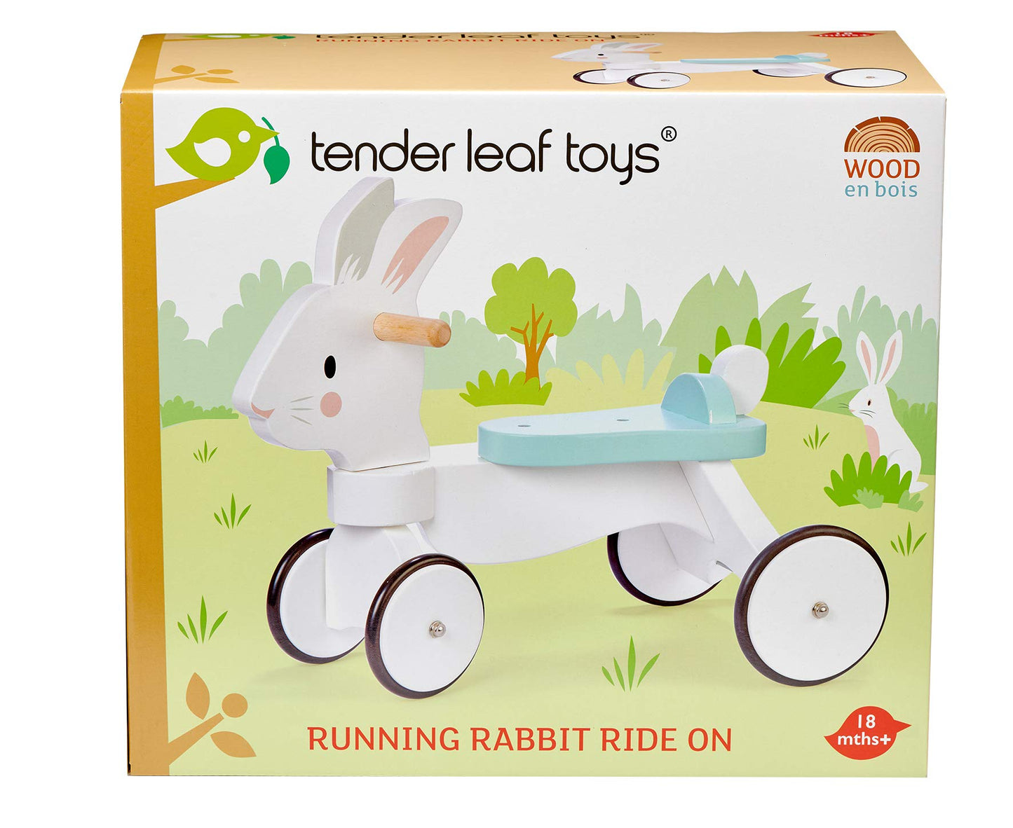 Tender Leaf Toys - Running Rabbit Ride On - Wooden Four Wheeled Push Balance Rabbit Themed Bike with Rubber Ring and Handle - Early Walk Development and Muscle Strength Enhancement for Children 18M+