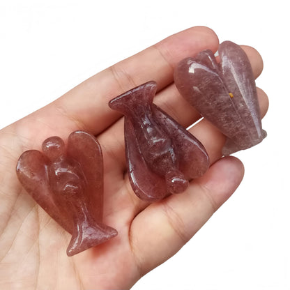 Afucats Natural Strawberry Quartz Healing Guardian Angel Indoor Decorative Stone,1.5 Inches Carving Pocket Palm Statue,Gift for Her Christmas Décor