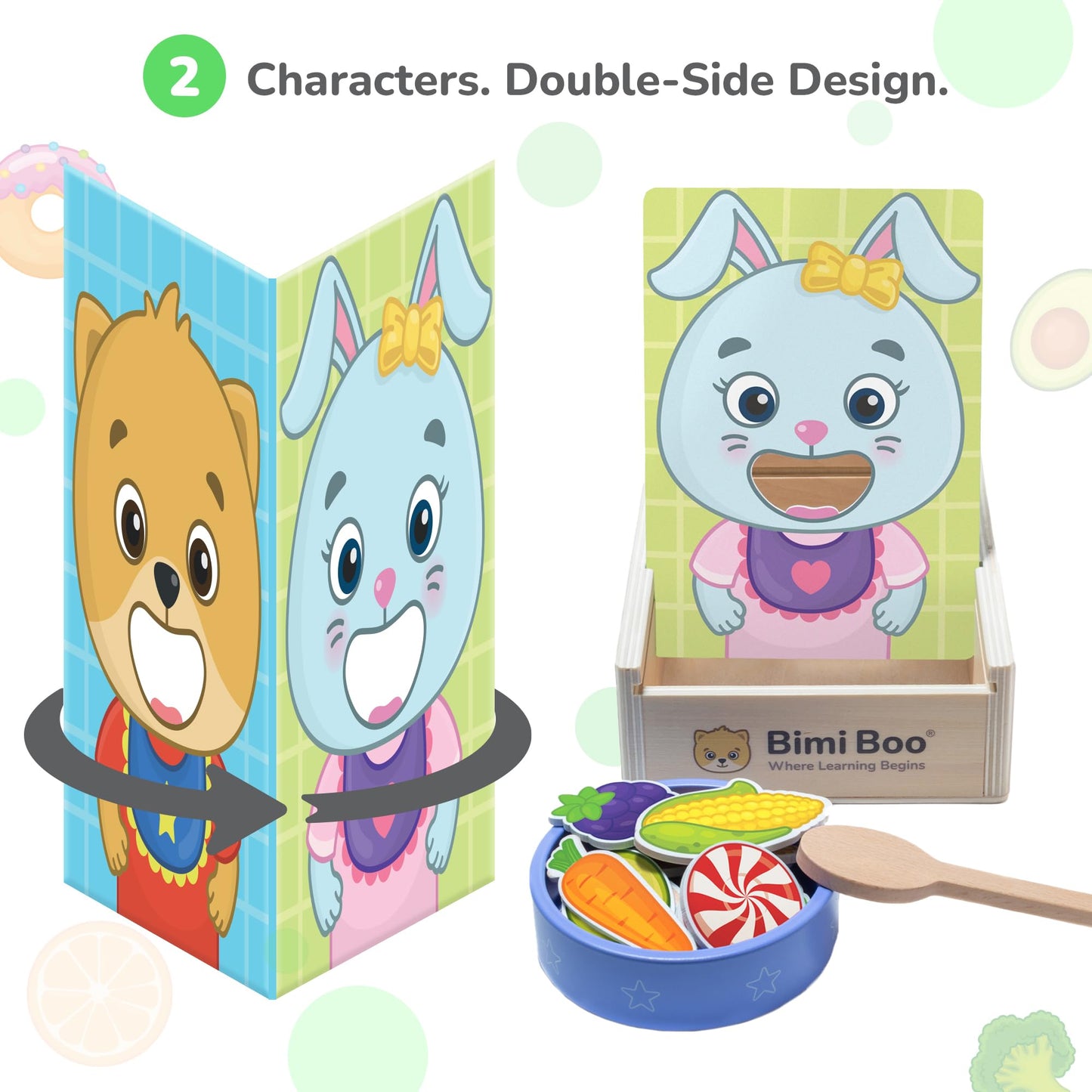 Bimi Boo Wooden Feeding Toy - Montessori Pretend Play Food Set for Toddlers 1-4+ - Fine Motor Skills Scooping Toy for Kids (27 Various Foods, a Spoon, Bowl)