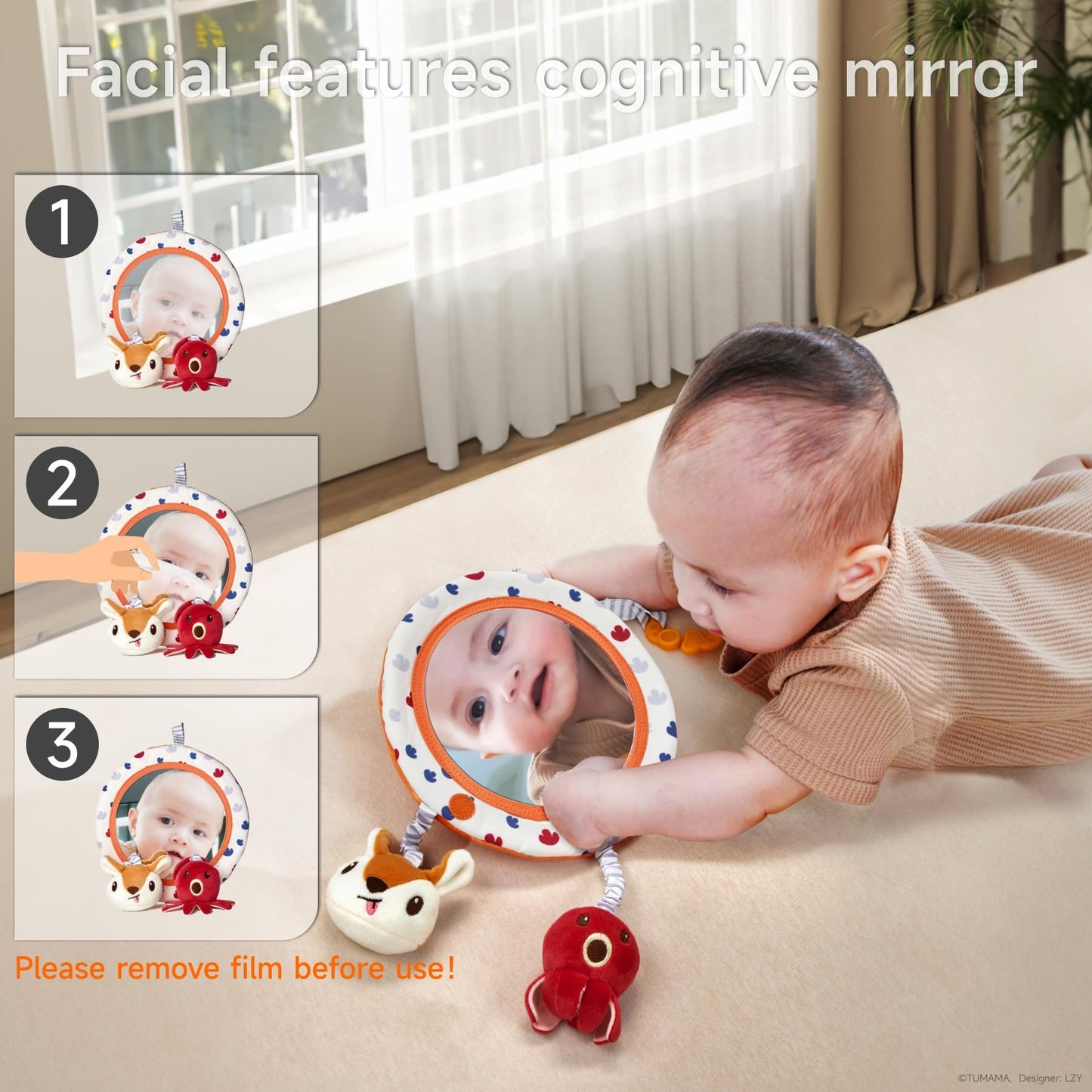 TUMAMA Car Seat Toys 3 6 9 12 Months, Plush Animal Rattle Mirror Soft Crinkle Book Baby Enlightenment Toy Set, Newborn Crib Stroller Play Gym Hanging Toys