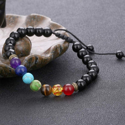 GelConnie 7 Chakra Bracelets 8mm Black Agate Chakra Stone Healing Crystal Bracelet Braided Rope Yoga Bead Bracelets Meditation Relief Anxiety Bangle Relax Energy Balance Gift for Women, Men
