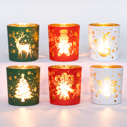 Romcanmy Christmas Votive Candle Holders, Set of 6 Red Green White Glass Candle Holder for Christmas Table Centerpiece, Snowflake Reindeer Xmas Tree Tea Light Holders for New Year Winter Party Decor