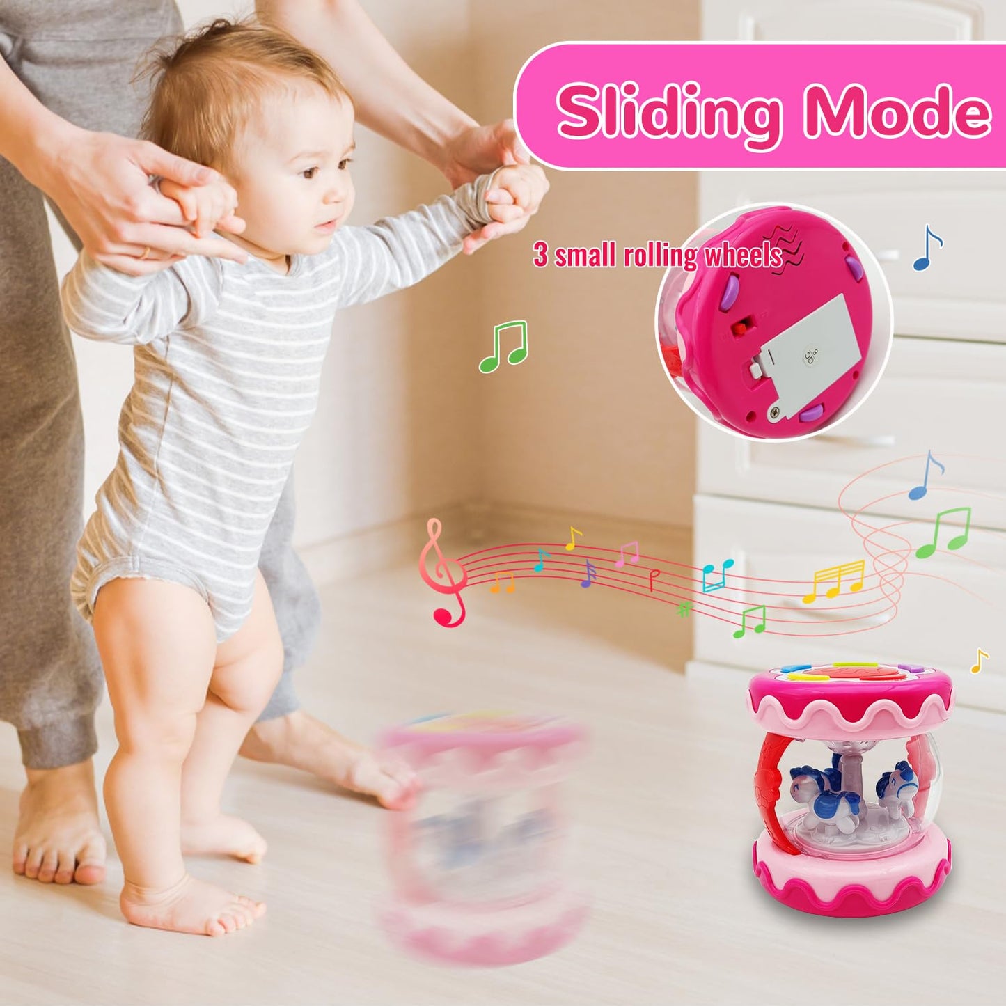 LDRYWW Baby Girl Toys 18+ Months Hand Drum Rotating Musical Light Up Sensory Activity Crawling Toys 2 3+ Year Old Infant Girls Baby Gifts (Pink)